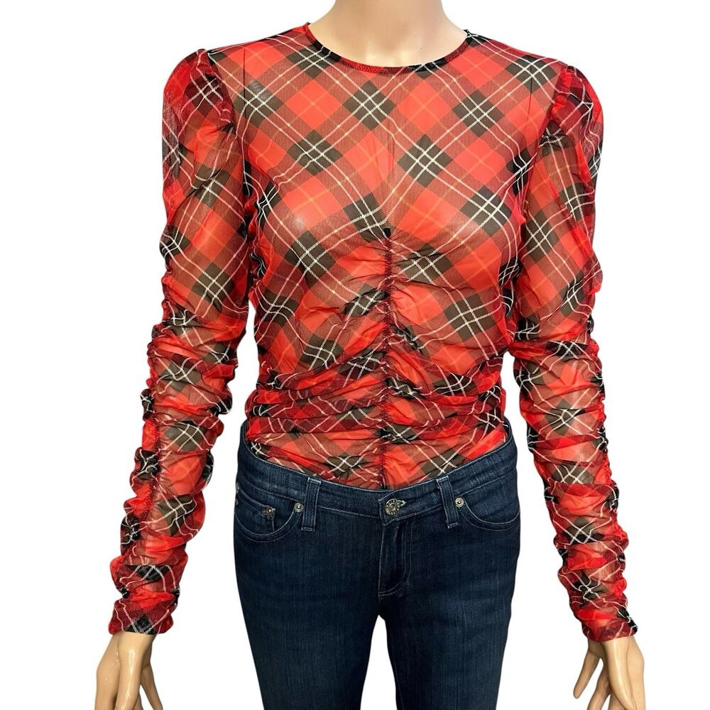 Victorias Secret Sheer Tartan Plaid Mesh Bodysuit Medium Ruched Long Sleeve Red - Picture 1 of 9